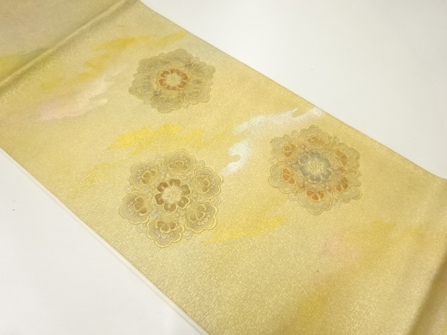 JAPANESE KIMONO / ANTIQUE FUKURO OBI FOR SUMMER / SILK / EMBROIDERY / FLORAL CREST